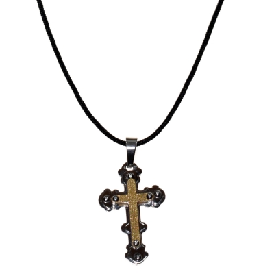 Necklace stainless steel cross in silver and gold color with leather BZ-NK-00207