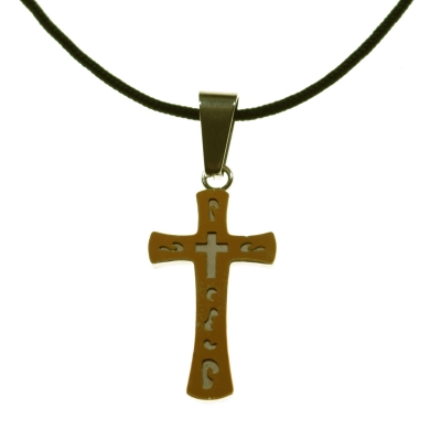 Necklace stainless steel cross in silver and gold color with leather BZ-NK-00211