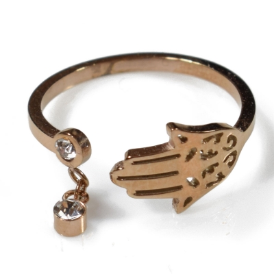 Ring stainless steel Fatima's hand in rose gold color with crystals BZ-RG-00287