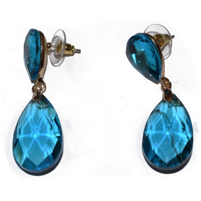 Earrings faux bijoux brass with light blue crystals in pale gold color BZ-ER-00370
