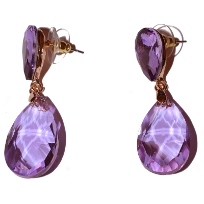 Earrings faux bijoux brass with purple crystals in pale gold color BZ-ER-00371