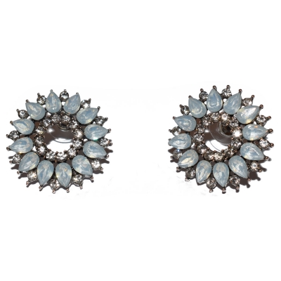 Earrings faux bijoux brass hoops flowers with light blue and white crystals in silver color BZ-ER-00380