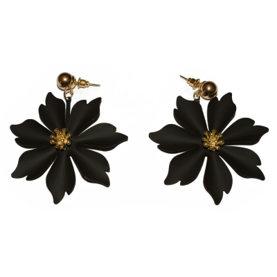 Earrings faux bijoux brass black flowers in pale gold color BZ-ER-00381