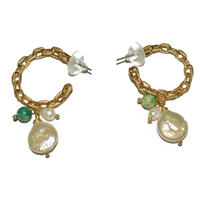 Earrings faux bijoux brass hoops with pearls in pale gold color BZ-ER-00384