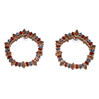 Earrings faux bijoux brass hoops with multi color crystals in rose gold color BZ-ER-00398