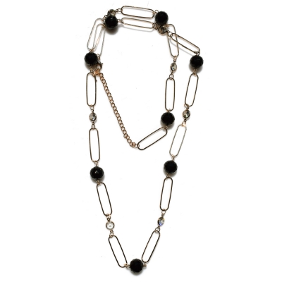 Necklace faux bijoux brass long with black and white crystals in pale gold color BZ-NK-00292