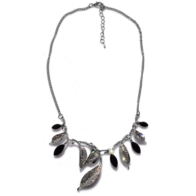 Necklace faux bijoux brass statement leaves with black and white crystals in silver color BZ-NK-00300