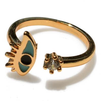 Ring faux bijoux brass eye with enamel and crystals in pale gold color BZ-RG-00313
