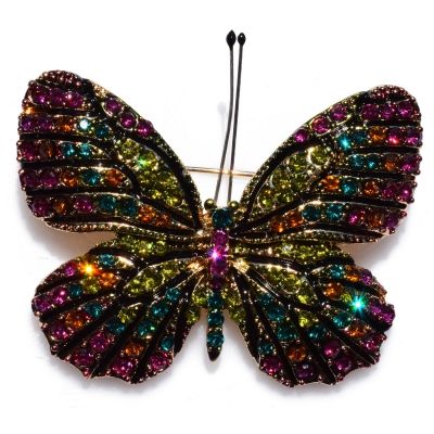 Brooch faux bijoux brass butterfly with multi color crystals in pale gold color BZ-KR-00044