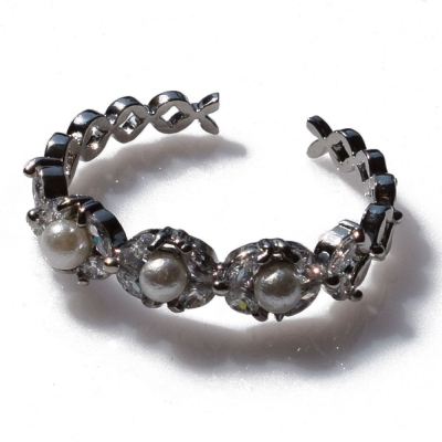 Ring faux bijoux brass with pearls and crystals in silver color BZ-RG-00330