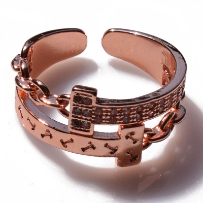 Ring faux bijoux brass cross with crystals in rose gold color BZ-RG-00336