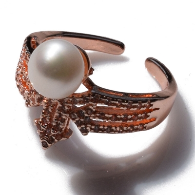Ring faux bijoux brass with pearls and crystals in rose gold color BZ-RG-00338
