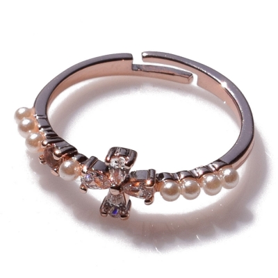 Ring faux bijoux brass cross with pearls and crystals in rose gold color BZ-RG-00340