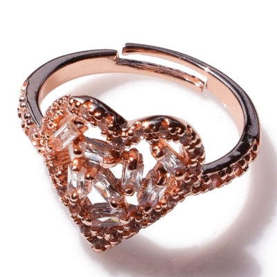 Ring faux bijoux brass heart with crystals in rose gold color BZ-RG-00355