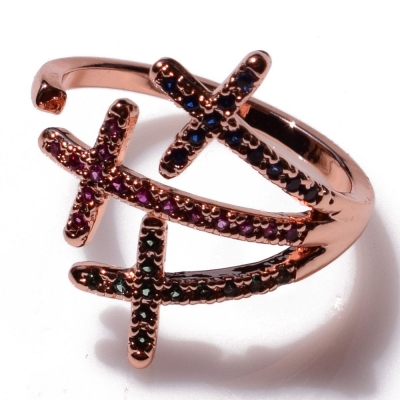 Ring faux bijoux brass crosses with crystals in rose gold color BZ-RG-00364