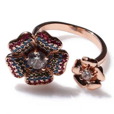 Ring faux bijoux brass flower with crystals in rose gold color BZ-RG-00375