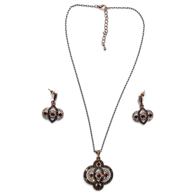 Necklace faux bijoux brass antique set with earrings with black and red crystals in pale gold color BZ-NK-00329