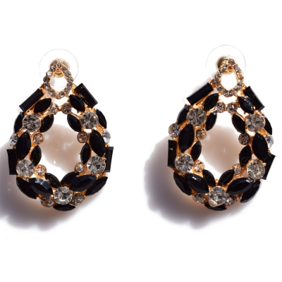 Earrings stainless steel teardrop with black and white crystals in pale gold color BZ-ER-00445