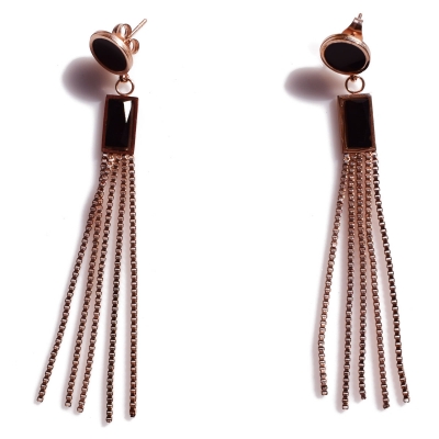 Earrings stainless steel long with black crystals in rose gold color BZ-ER-00447