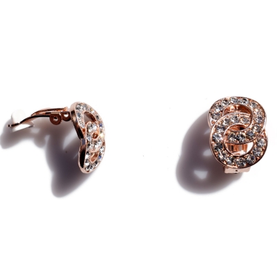 Earrings faux bijoux brass hoops infinity with clips and white crystals in rose gold color BZ-ER-00456