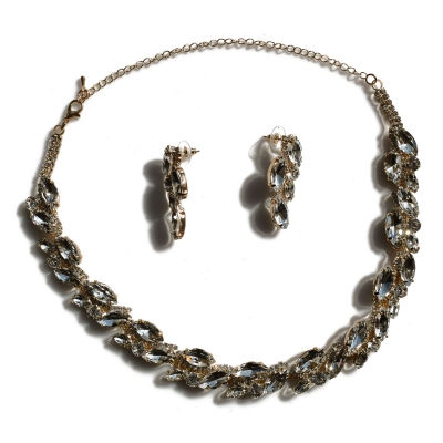 Necklace faux bijoux brass set with earrings with white crystals in pale gold color BZ-NK-00337