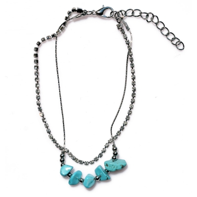 Bracelet anklet faux bijoux brass with turquoise stones and crystals in silver color BZ-BR-00399