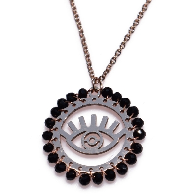 Necklace stainless steel evil eye with black crystals in rose gold color BZ-NK-00354