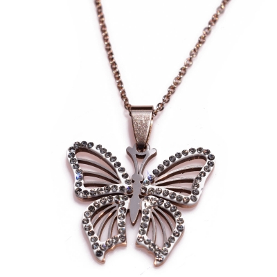 Necklace stainless steel butterfly with white crystals in rose gold color BZ-NK-00355