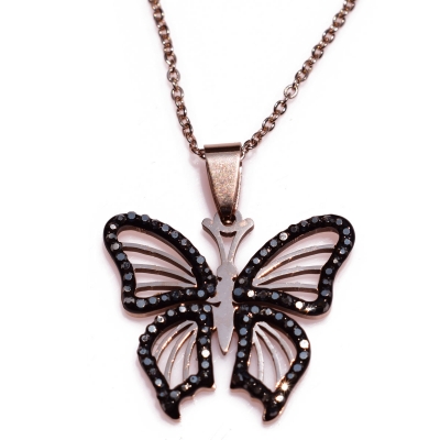 Necklace stainless steel butterfly with black crystals in rose gold color BZ-NK-00356