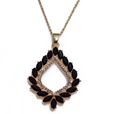 Necklace stainless steel with black and white crystals in pale gold color BZ-NK-00361