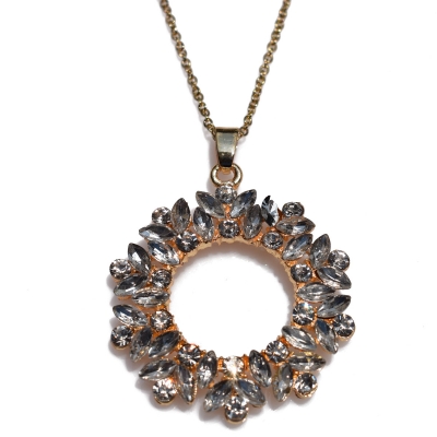 Necklace stainless steel flower with white crystals in pale gold color BZ-NK-00362