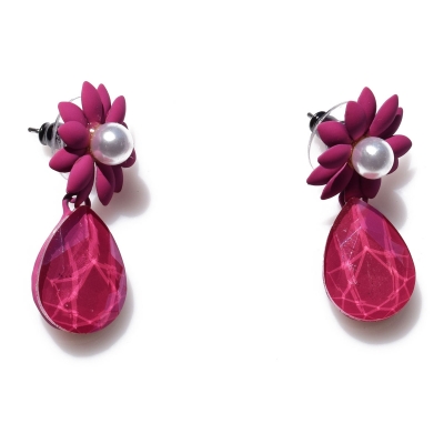 Earrings faux bijoux brass flowers teardrops with crystals in red violet color BZ-ER-00469