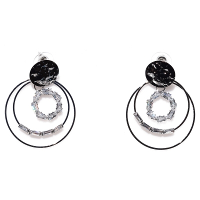 Earrings faux bijoux brass hoops with white crystals in silver color BZ-ER-00475