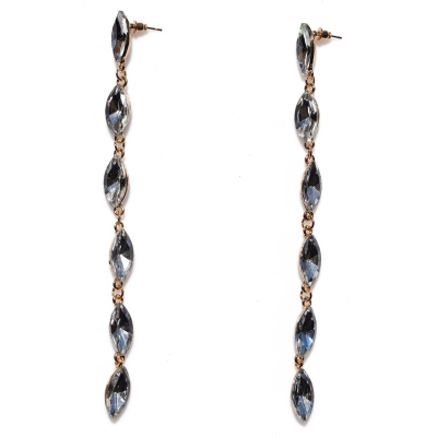 Earrings faux bijoux brass very long with white crystals in pale gold color BZ-ER-00477
