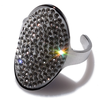 Ring stainless steel oval with white crystals in silver color BZ-RG-00397
