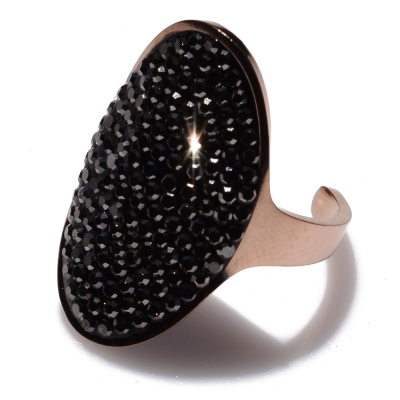 Δαχτυλίδι ατσάλινο (stainless steel) οβάλ με μαύρους κρυστάλλους σε ροζ χρυσό χρώμα BZ-RG-00398