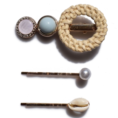 Head accessory set three together hair pins faux bijoux brass with pearls, seashells and crystals in pale gold color BZ-AS-00018