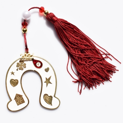 Handmade charm 2021 big lucky horseshoe gold brass with tassel, pearls and crystals Gouri-2021-028