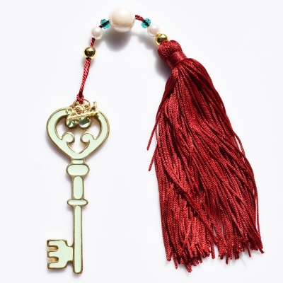 Handmade charm 2021 big key gold brass with tassel, pearls and crystals Gouri-2021-033
