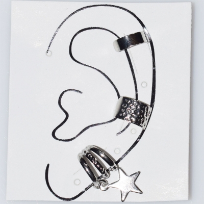 Σκουλαρίκια (σετ τρία μαζί) φο μπιζού ορείχαλκος ear cuffs χωρίς τρύπα που γαντζώνουν στο αυτί σε ασημί χρώμα BZ-ER-00557