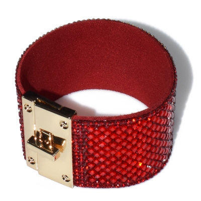 Bracelet faux bijoux brass leather with red crystals in pale gold color BZ-BR-00437