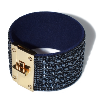 Bracelet faux bijoux brass leather with dark blue crystals in pale gold color BZ-BR-00438
