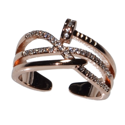 Ring faux bijoux brass with white crystals in rose gold color BZ-RG-00416