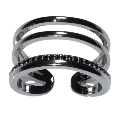 Ring faux bijoux brass with black crystals in silver color BZ-RG-00420