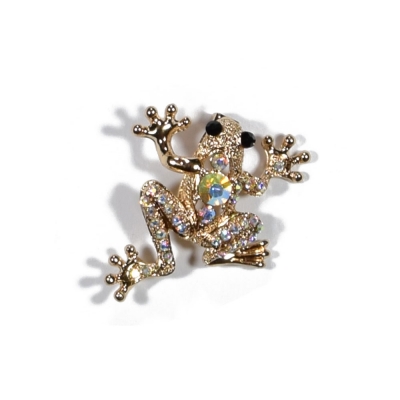 Brooch faux bijoux brass frog with white crystals (BZ-KR-00014)