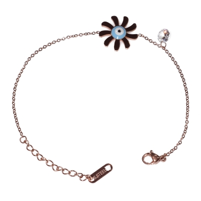 Bracelet stainless steel flower evil eye with white crystals and enamel in rose gold color BZ-BR-00454