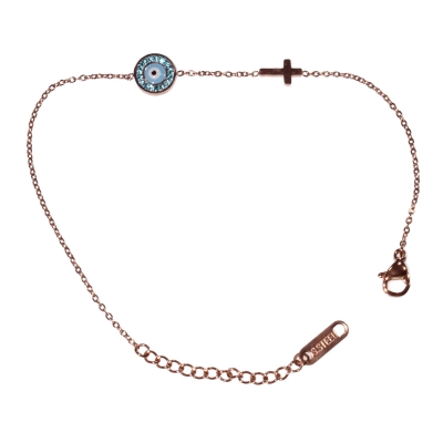 Bracelet stainless steel evil eye cross with turquoise crystals and enamel in rose gold color BZ-BR-00457