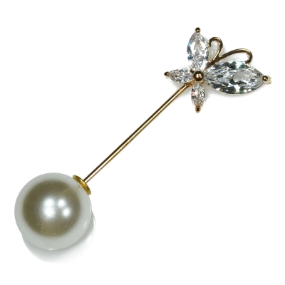 Brooch faux bijoux brass butterfly with pearl and white crystals in gold color BZ-KR-00078