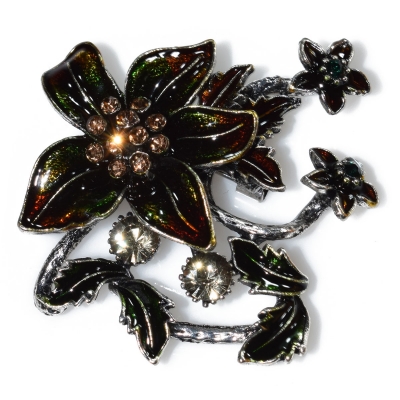 Brooch faux bijoux brass flower antique with crystals in silver color BZ-KR-00089