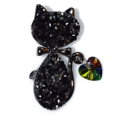 Brooch faux bijoux brass cat antique heart with black crystals in grey color BZ-KR-00097
